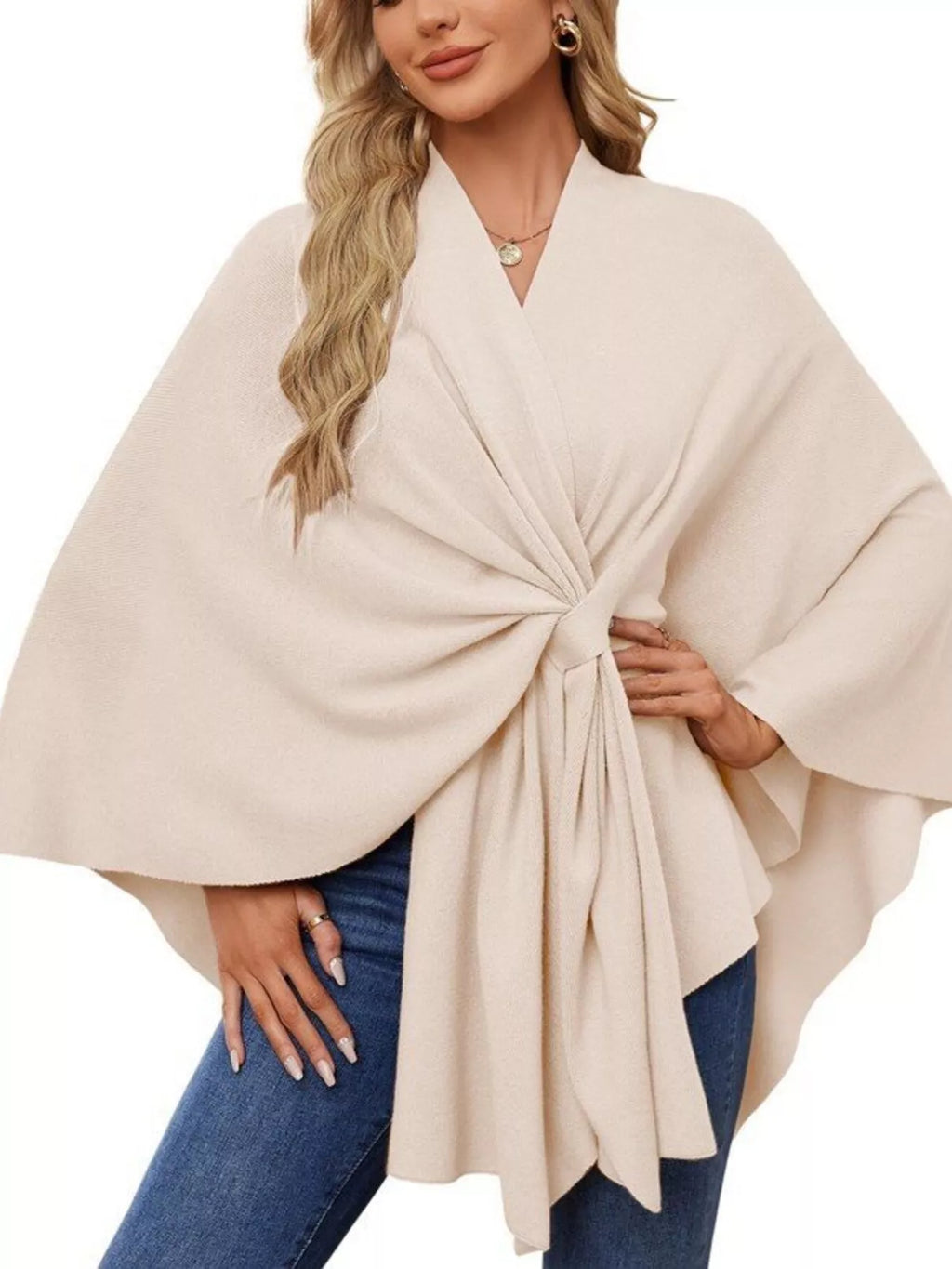 Solid Color Tie-Front Knit Cape