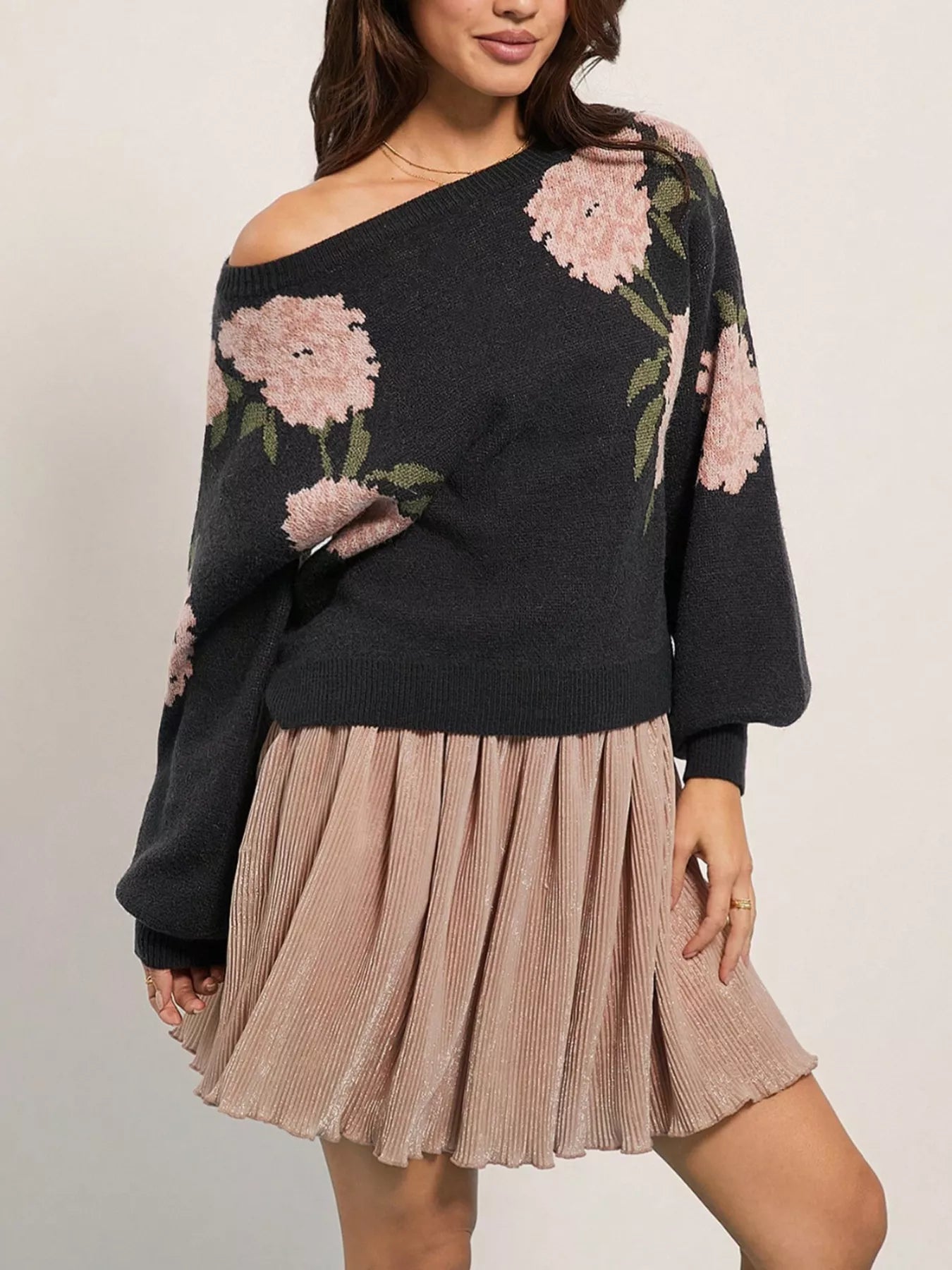 Floral Boat Neck, Long Sleeve, Sweater