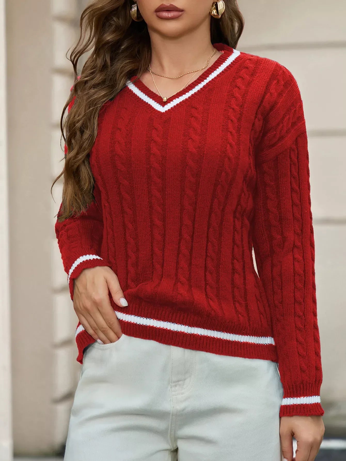 Classic Cable, Knit V-Neck Sweater
