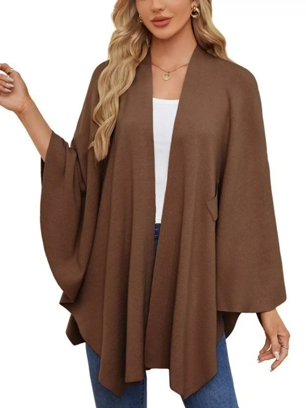 Solid Color Tie-Front Knit Cape