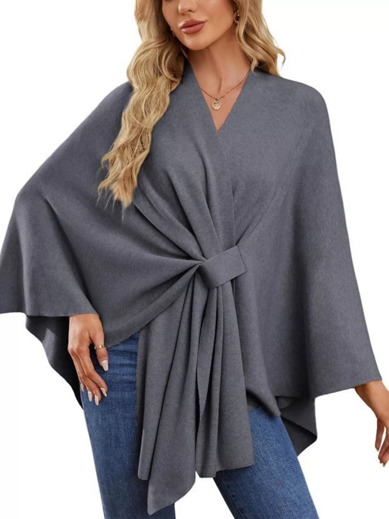 Solid Color Tie-Front Knit Cape