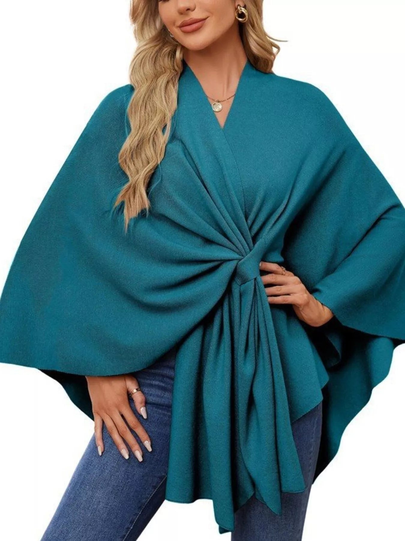 Solid Color Tie-Front Knit Cape