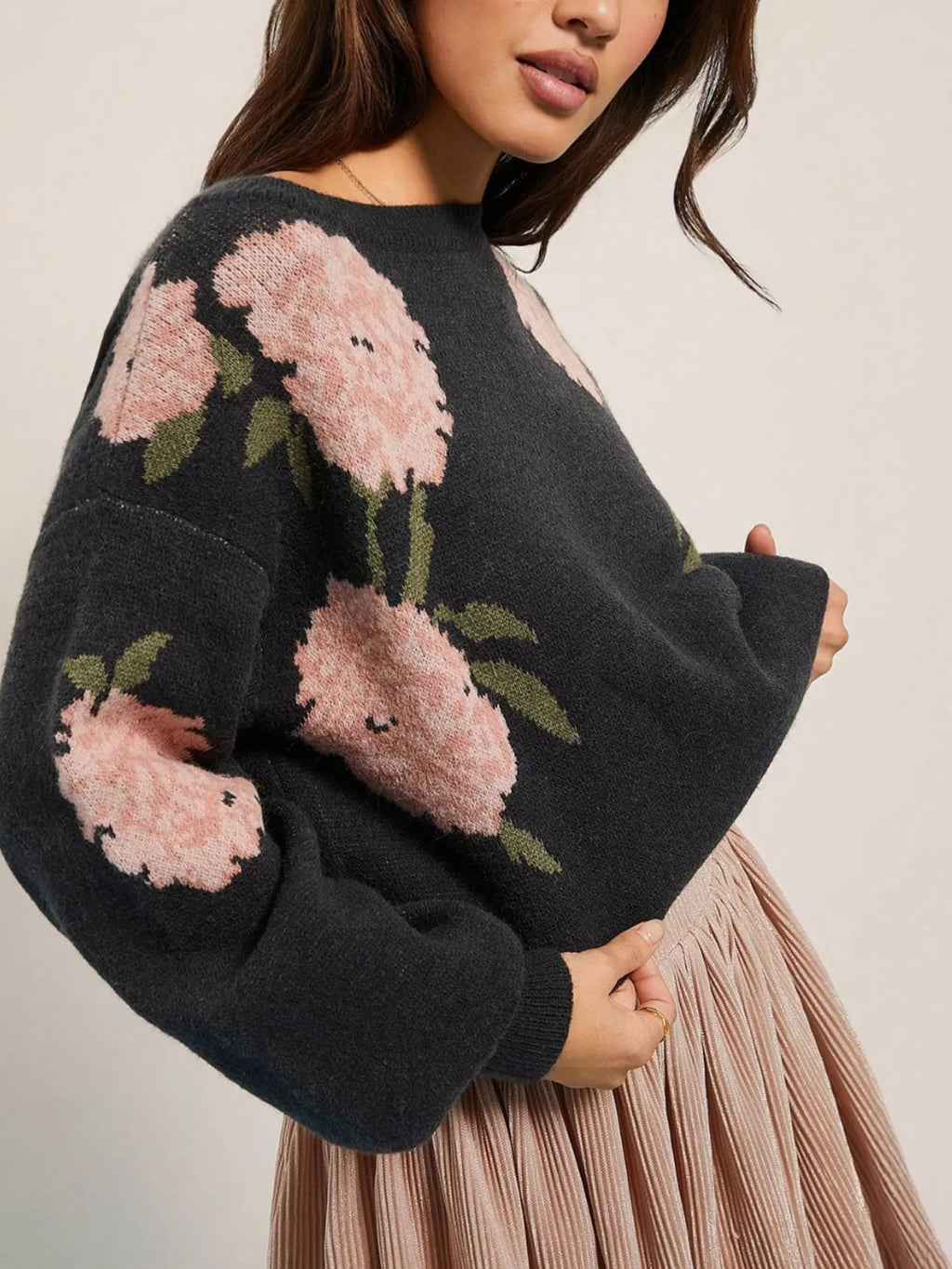 Floral Boat Neck, Long Sleeve, Sweater