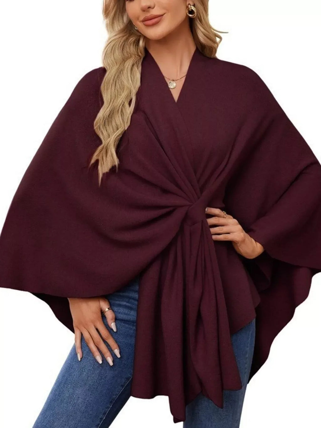 Solid Color Tie-Front Knit Cape