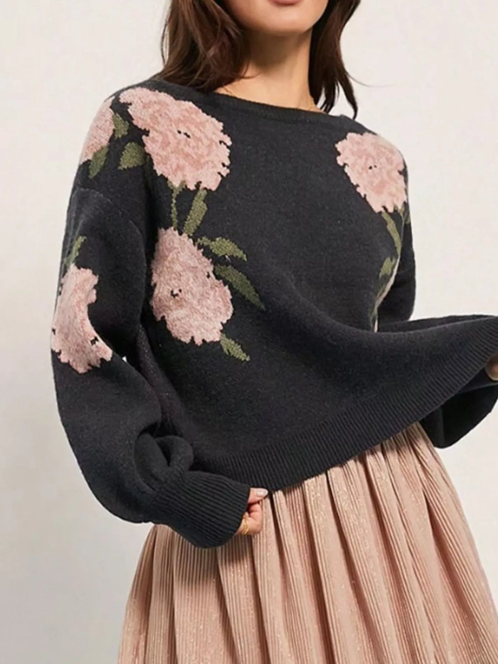Floral Boat Neck, Long Sleeve, Sweater
