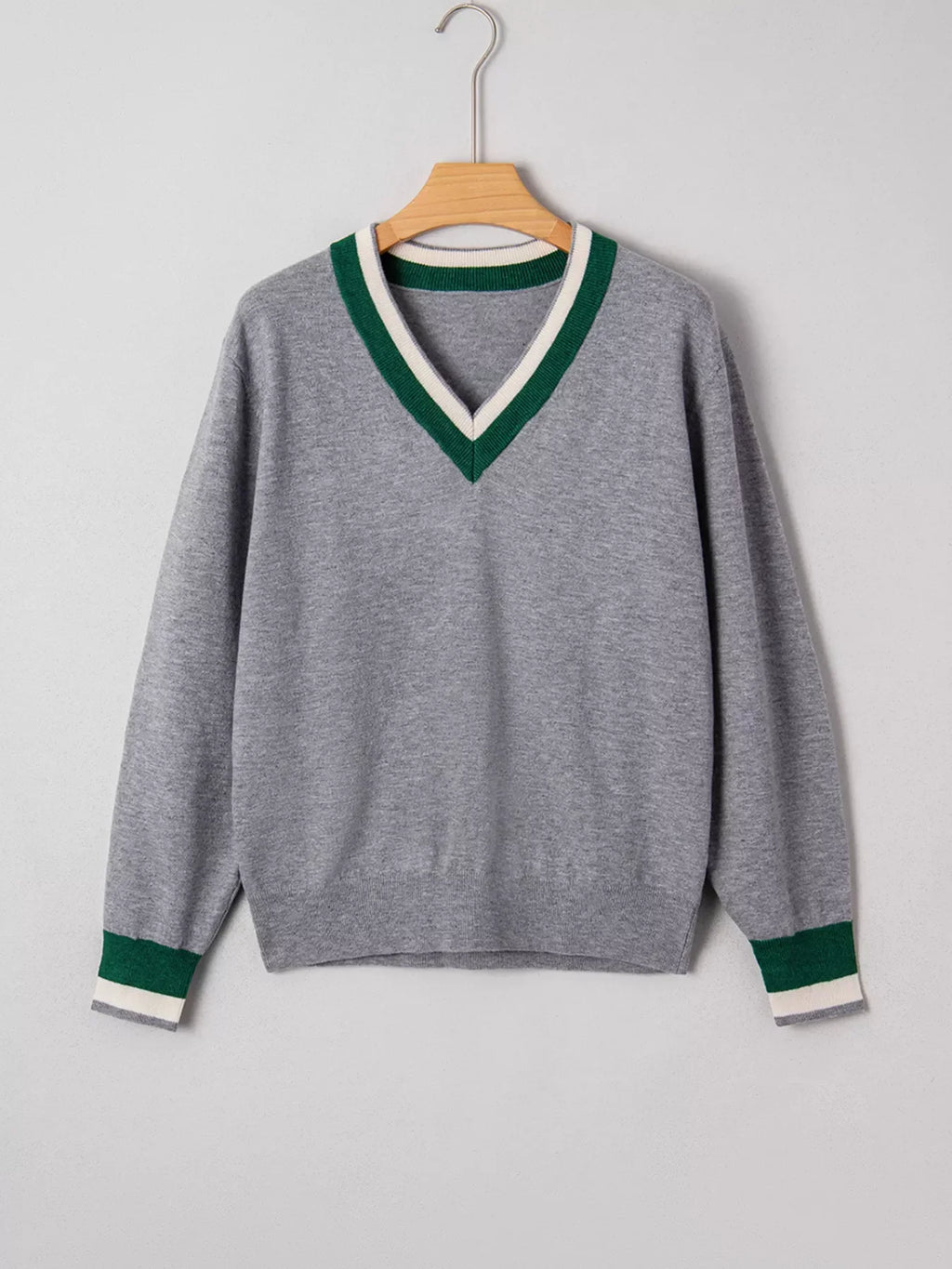 Contrast Striped Trim V-Neck Varsity Sweater