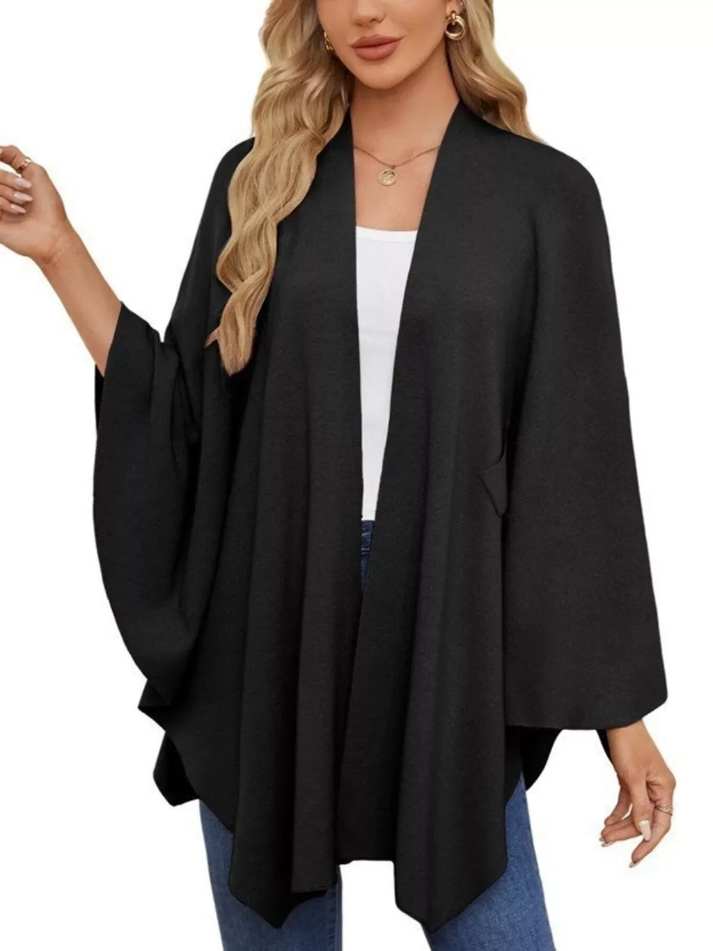 Solid Color Tie-Front Knit Cape