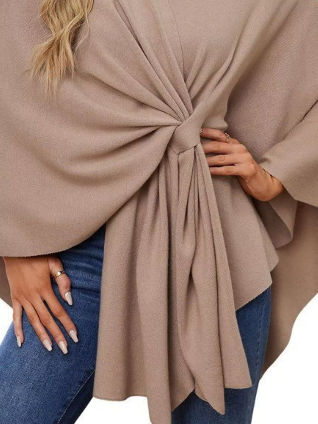 Solid Color Tie-Front Knit Cape