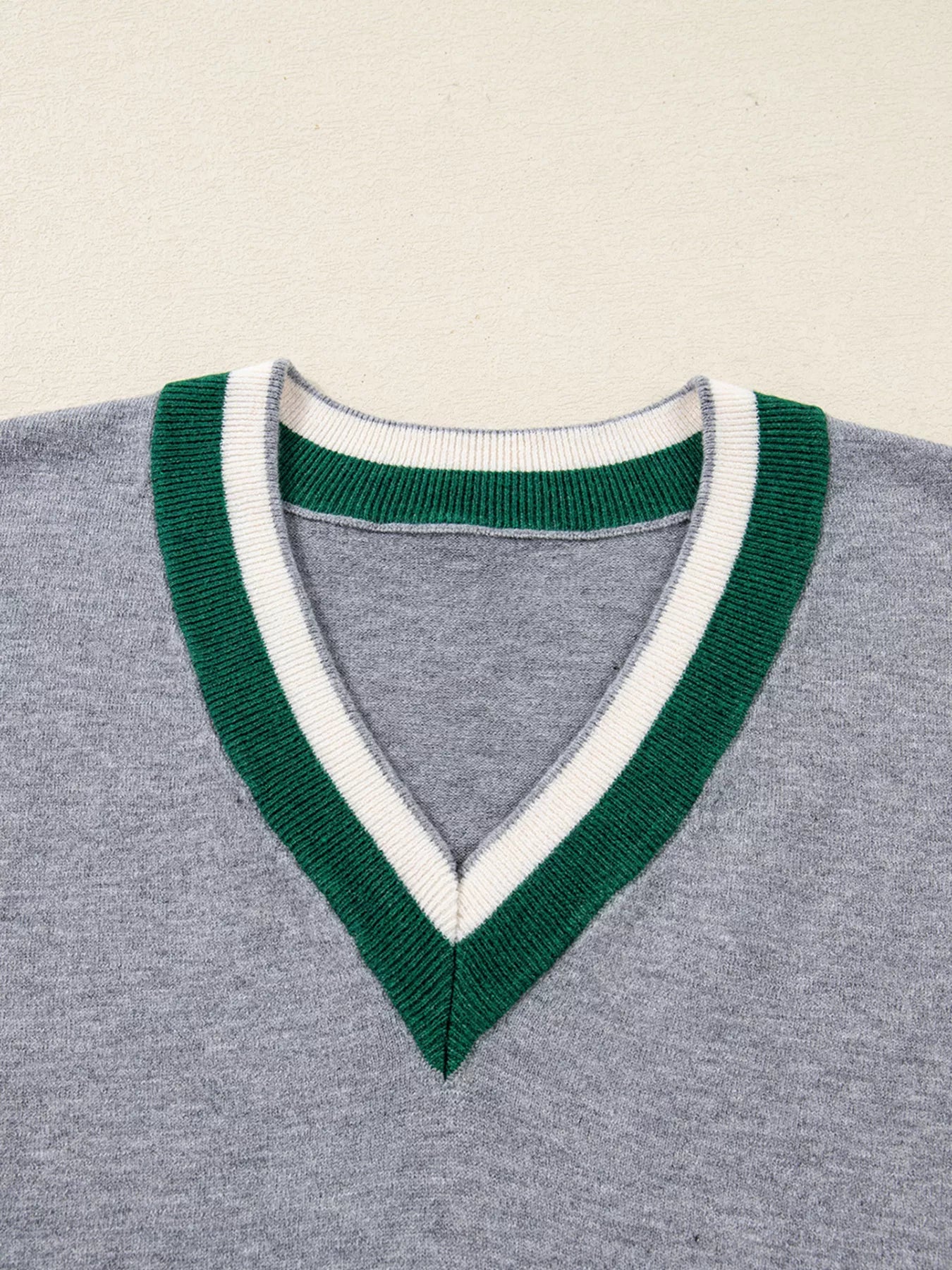 Contrast Striped Trim V-Neck Varsity Sweater