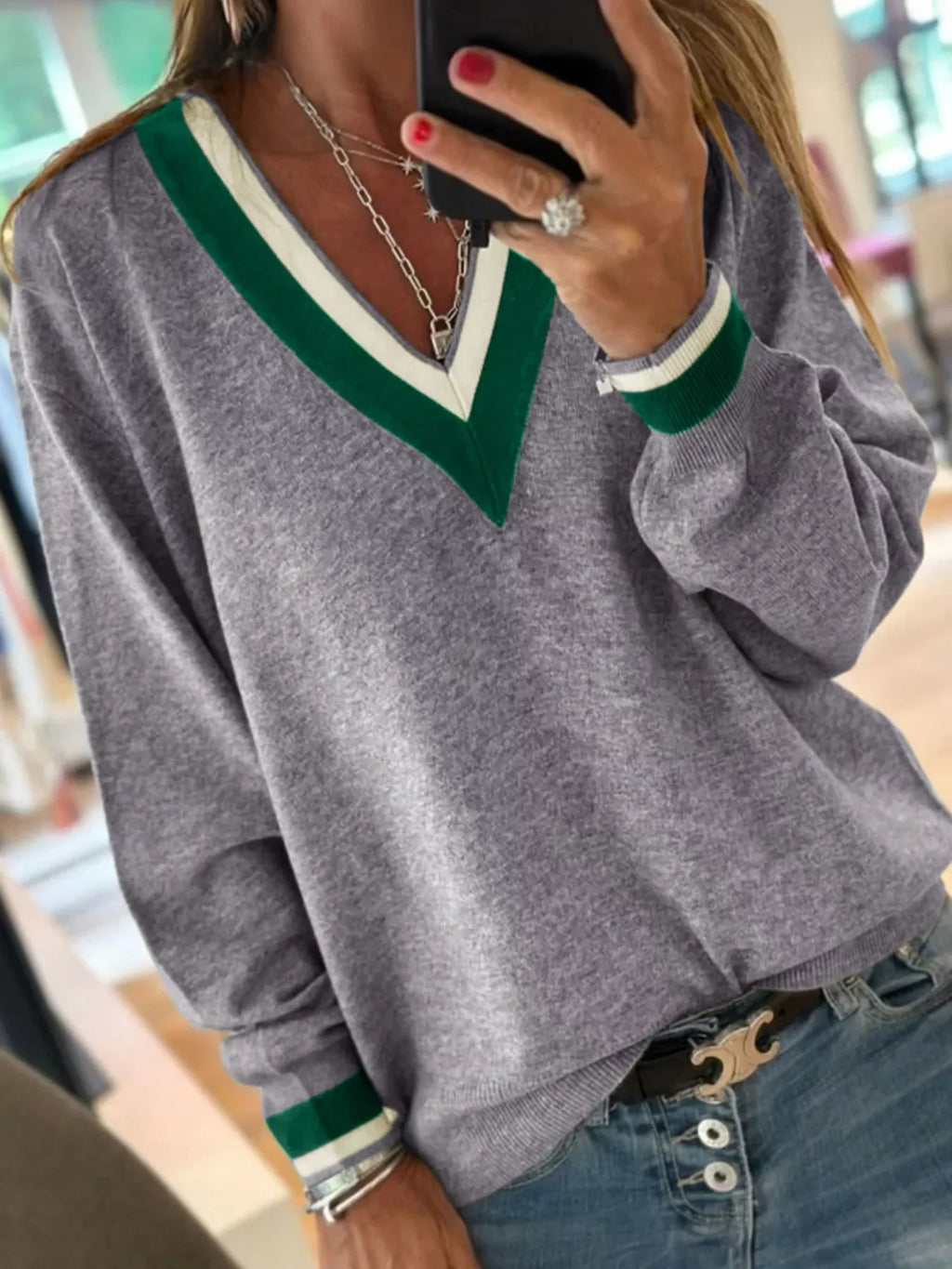 Contrast Striped Trim V-Neck Varsity Sweater