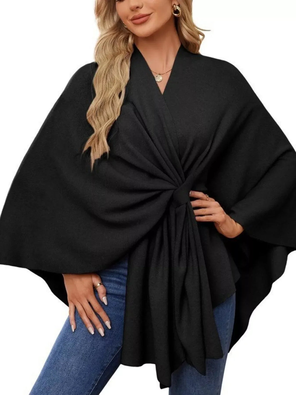 Solid Color Tie-Front Knit Cape