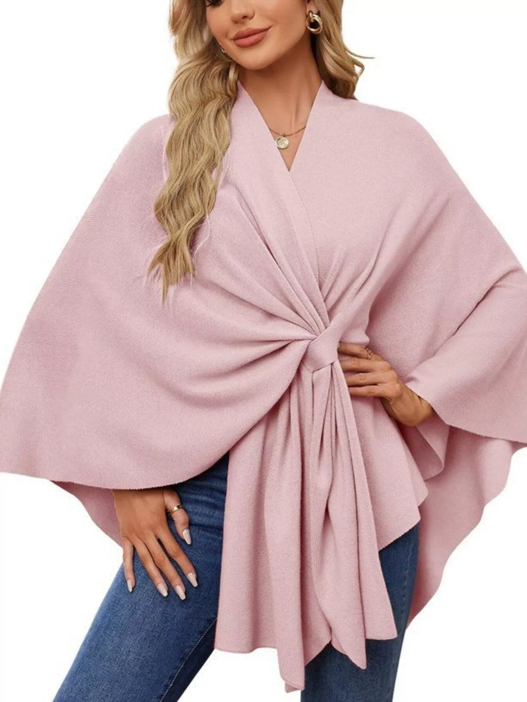 Solid Color Tie-Front Knit Cape