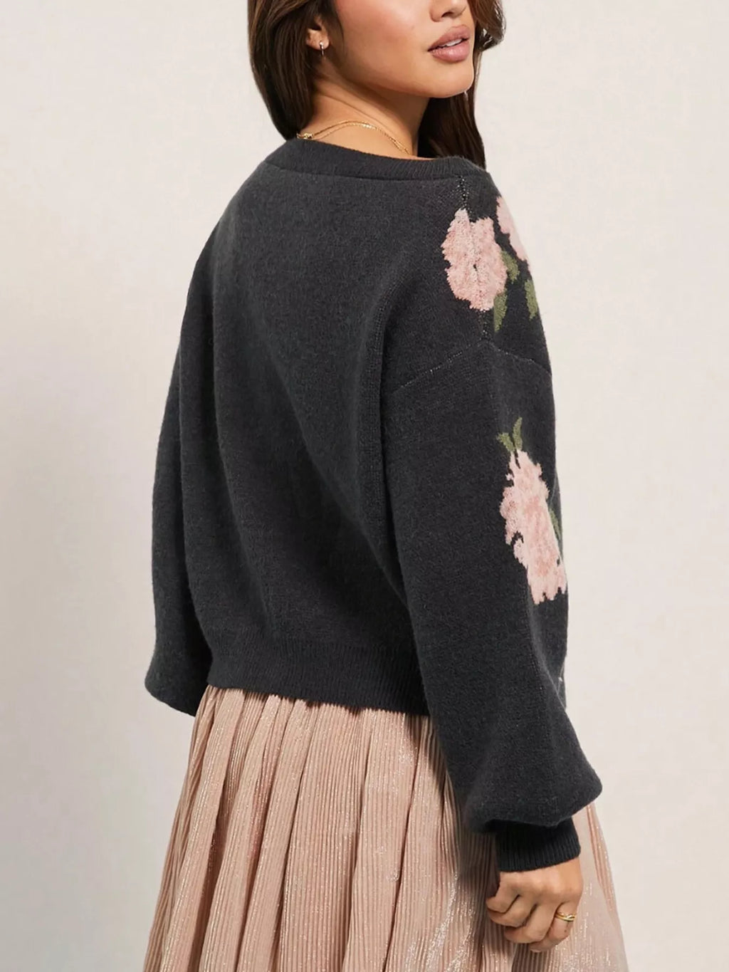 Floral Boat Neck, Long Sleeve, Sweater