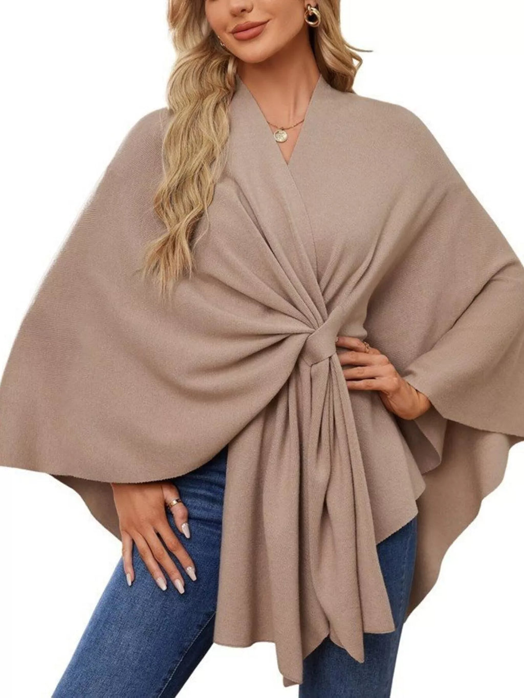 Solid Color Tie-Front Knit Cape