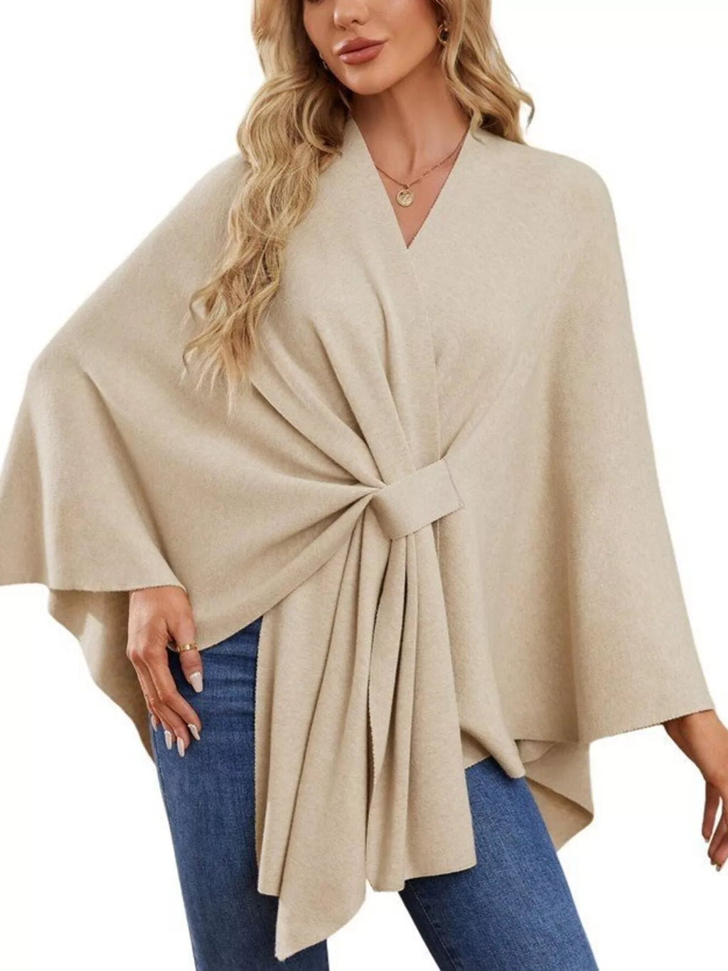 Solid Color Tie-Front Knit Cape
