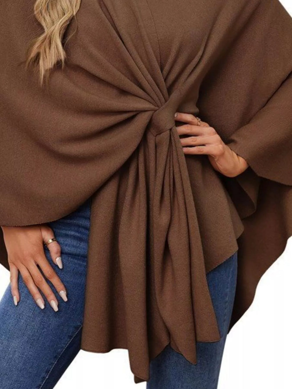 Solid Color Tie-Front Knit Cape