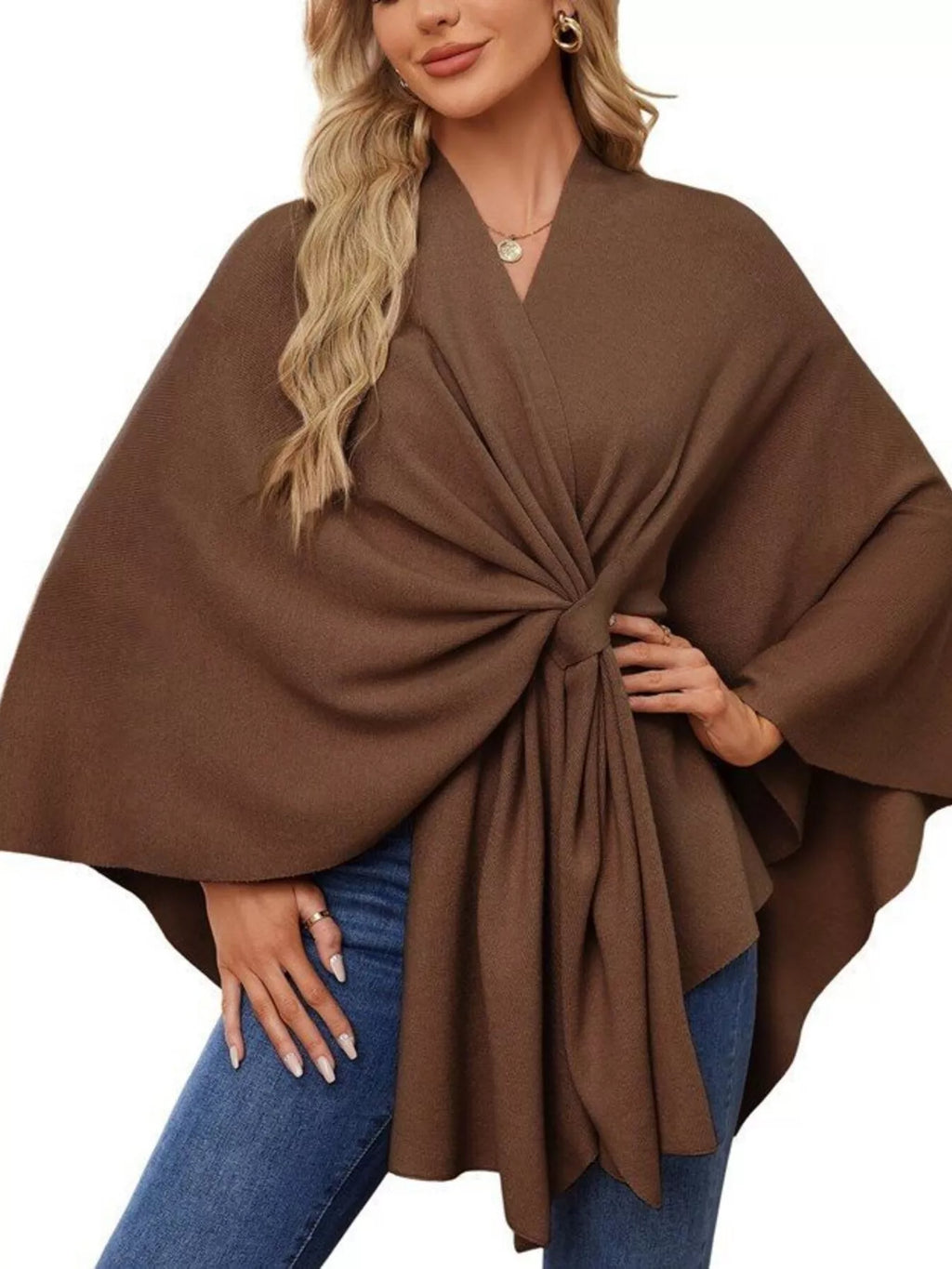 Solid Color Tie-Front Knit Cape