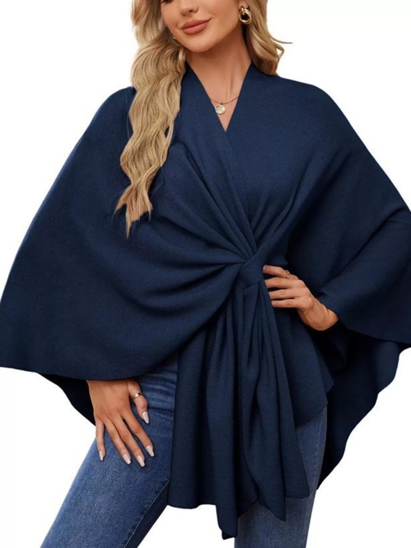 Solid Color Tie-Front Knit Cape