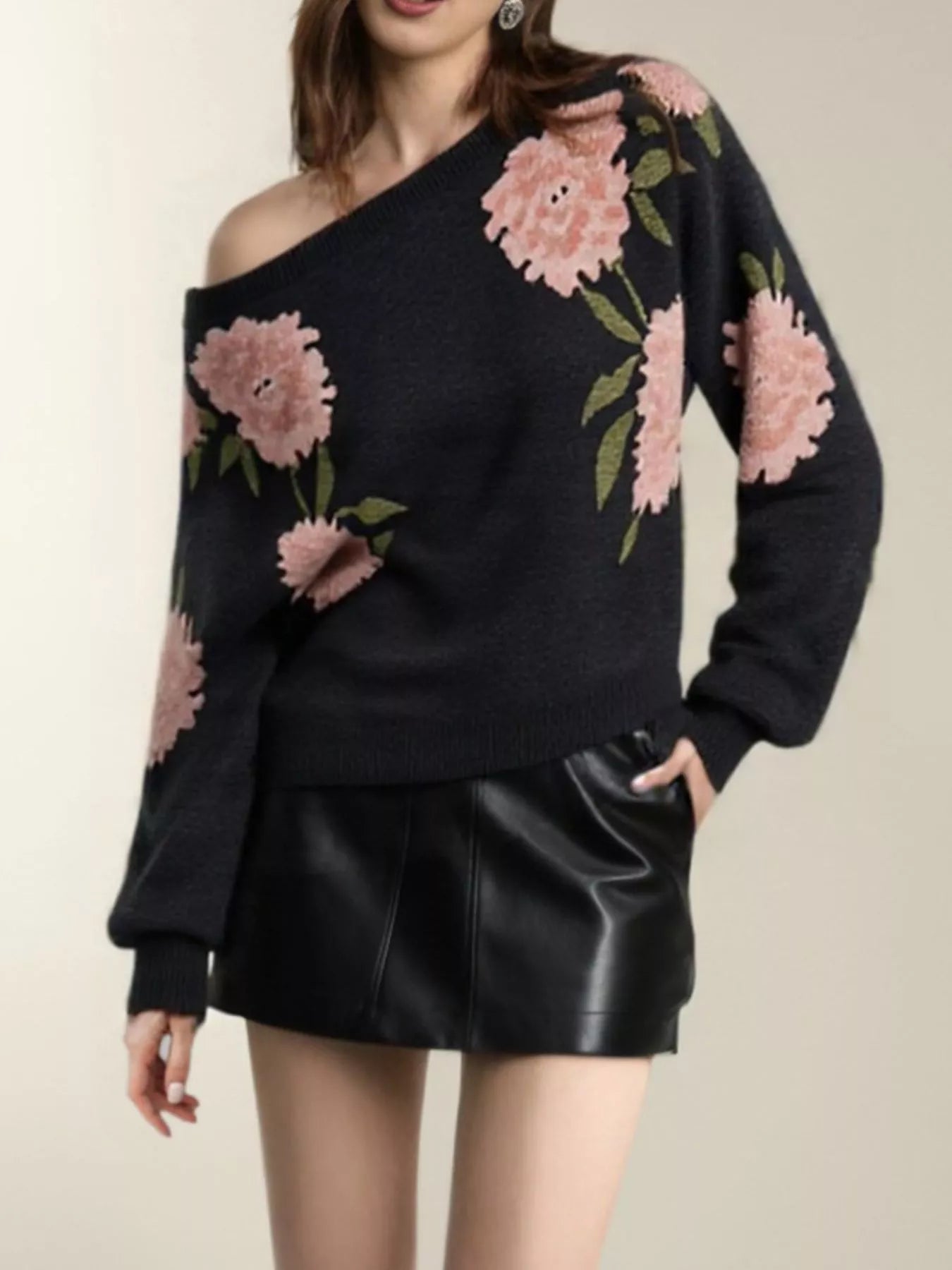 Floral Boat Neck, Long Sleeve, Sweater