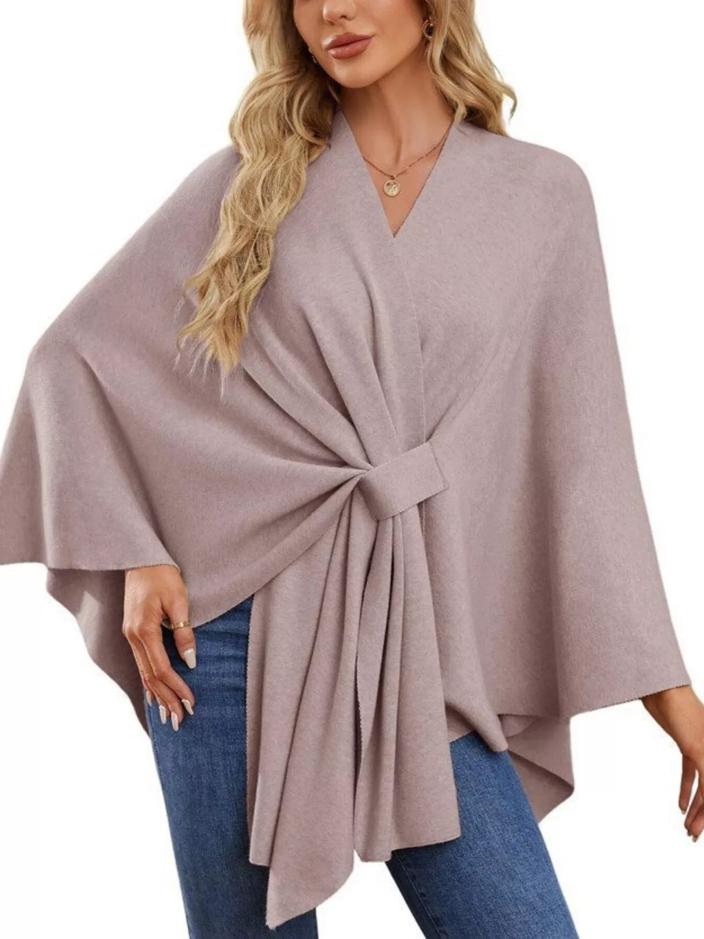 Solid Color Tie-Front Knit Cape
