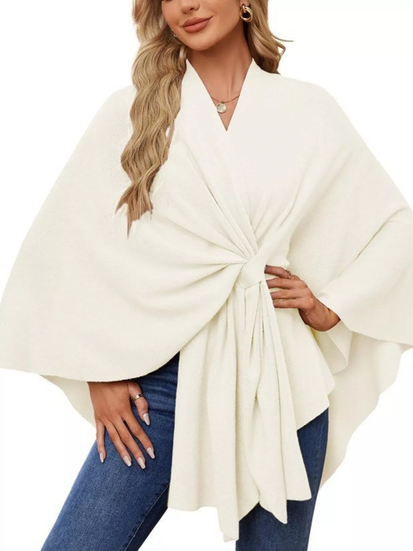Solid Color Tie-Front Knit Cape